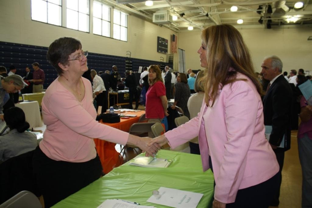 Freeholder Serena DiMaso, liaison to the County's Workforce Development office, meets with employers at the Monmouth County job fair.